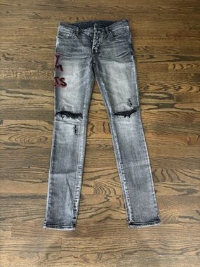 Ksubi Gray Distressed Skinny Jeans with Red Graphic